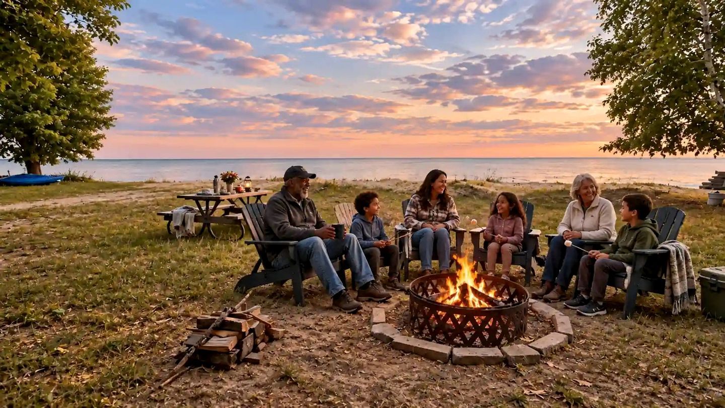 A group of people sitting around a campfire on a grassy area with a view of the sea.