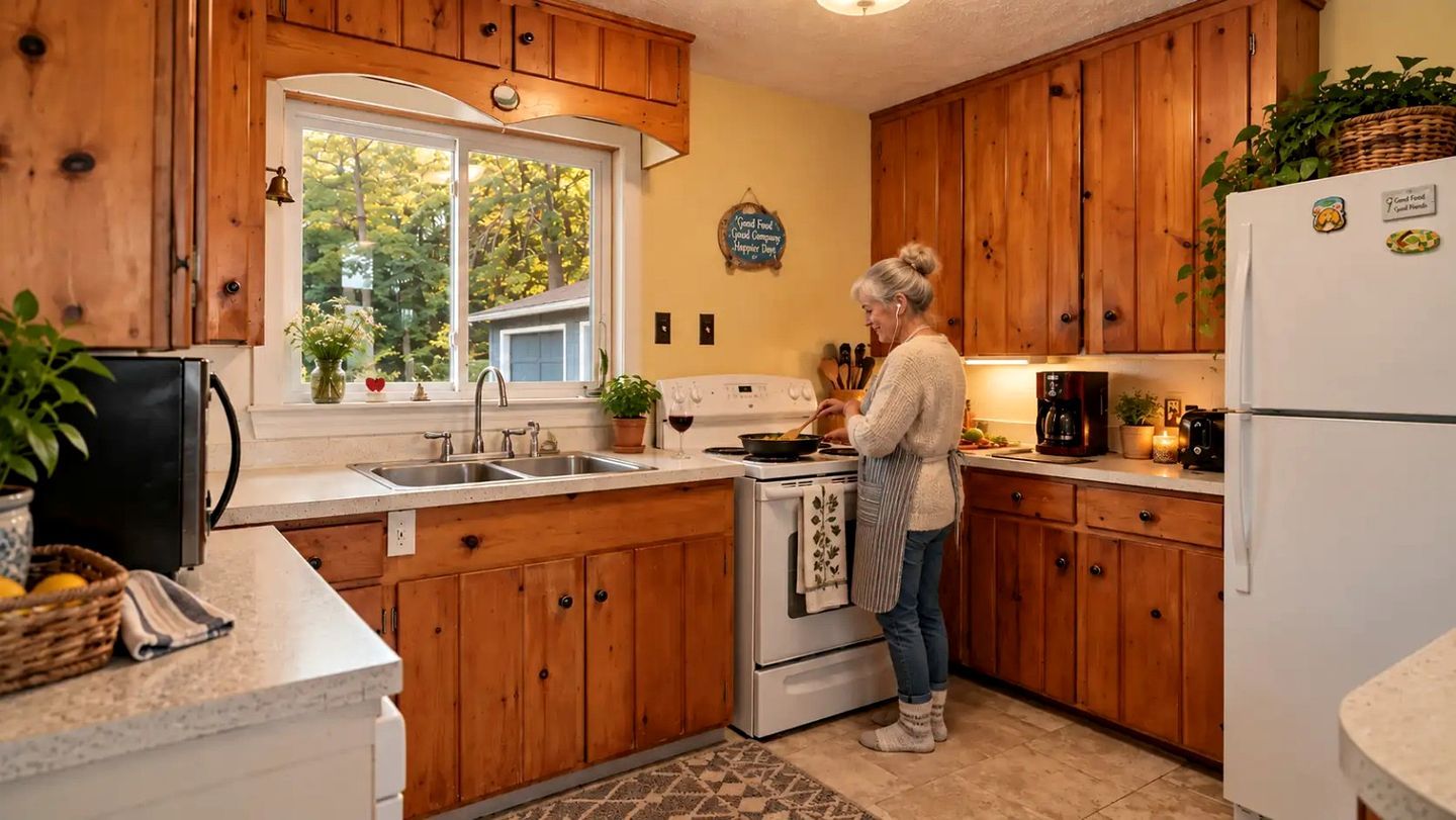 Une cuisine avec des meubles de rangement en bois, une cuisinière, un évier et un réfrigérateur.