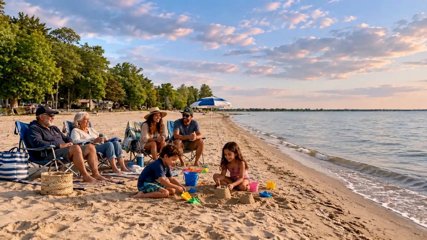 Escena de playa con gente sentada en sillas y jugando con arena.
