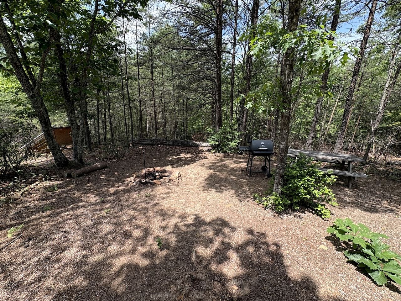 Un campamento arbolado con una parrilla, una mesa de picnic y un hogar.
