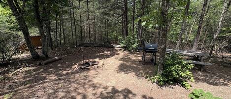 Un campamento arbolado con una parrilla, una mesa de picnic y un hogar.