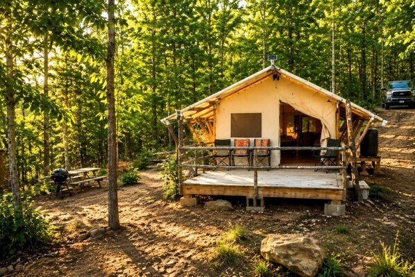 Un chalet en bois rustique doté d’une terrasse, entouré d’une forêt.