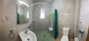 A bathroom with a shower, sink, toilet, and a mirror.
