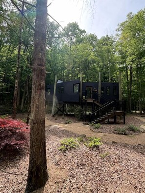 A cabin in a forest with a wooden deck and stairs leading to the entrance. - Luxury Blue Ridge Treehouse Retreat with Private Creek Fire Pit in Brevard, NC (Brevard)