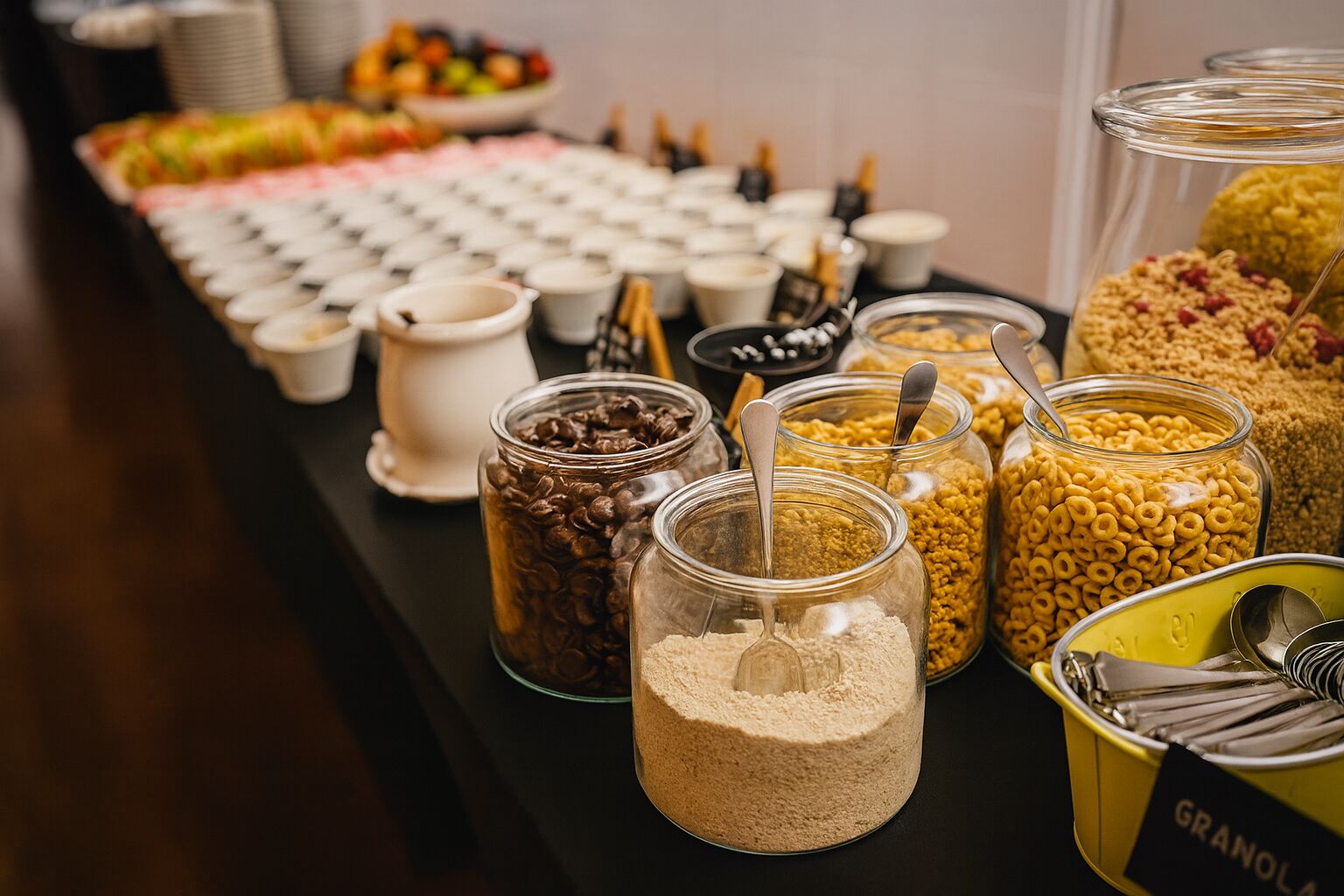 Un bufé con diversos alimentos, como granola, cereales y granos de café.