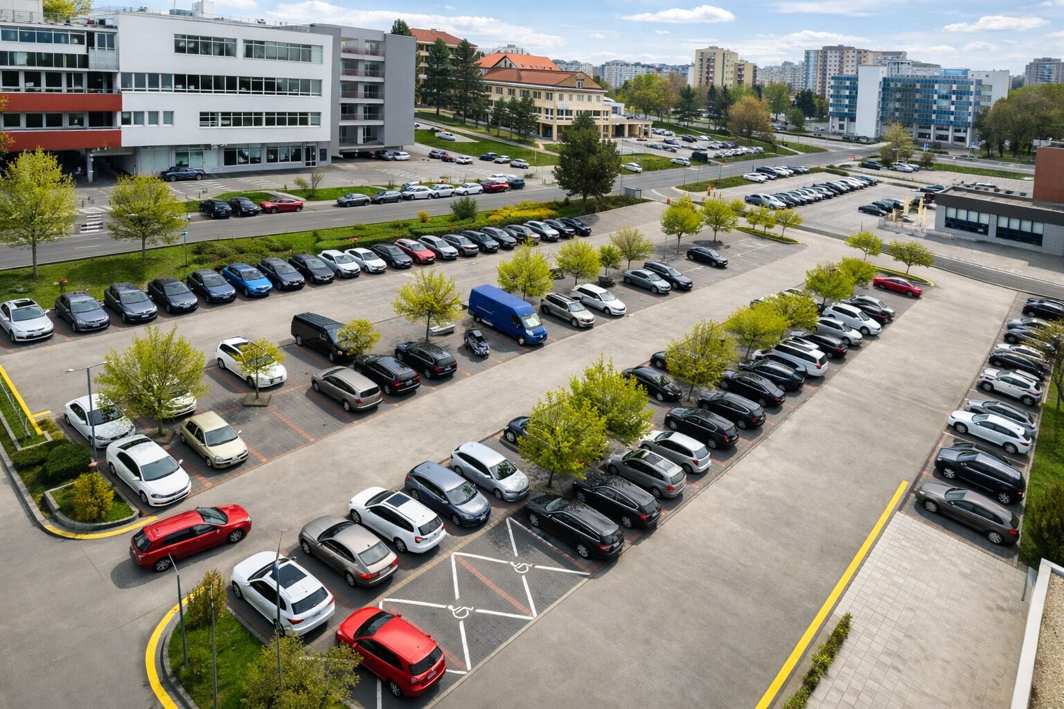 Una estructura de estacionamiento de varios pisos con filas de coches aparcados y algunos árboles.