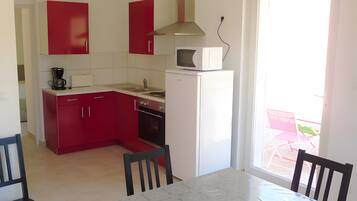 Coffee/tea maker, fridge, microwave, oven