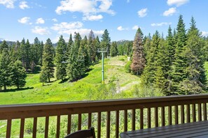 Blick vom Balkon auf eine bewaldete Landschaft mit einer Seilbahn.
