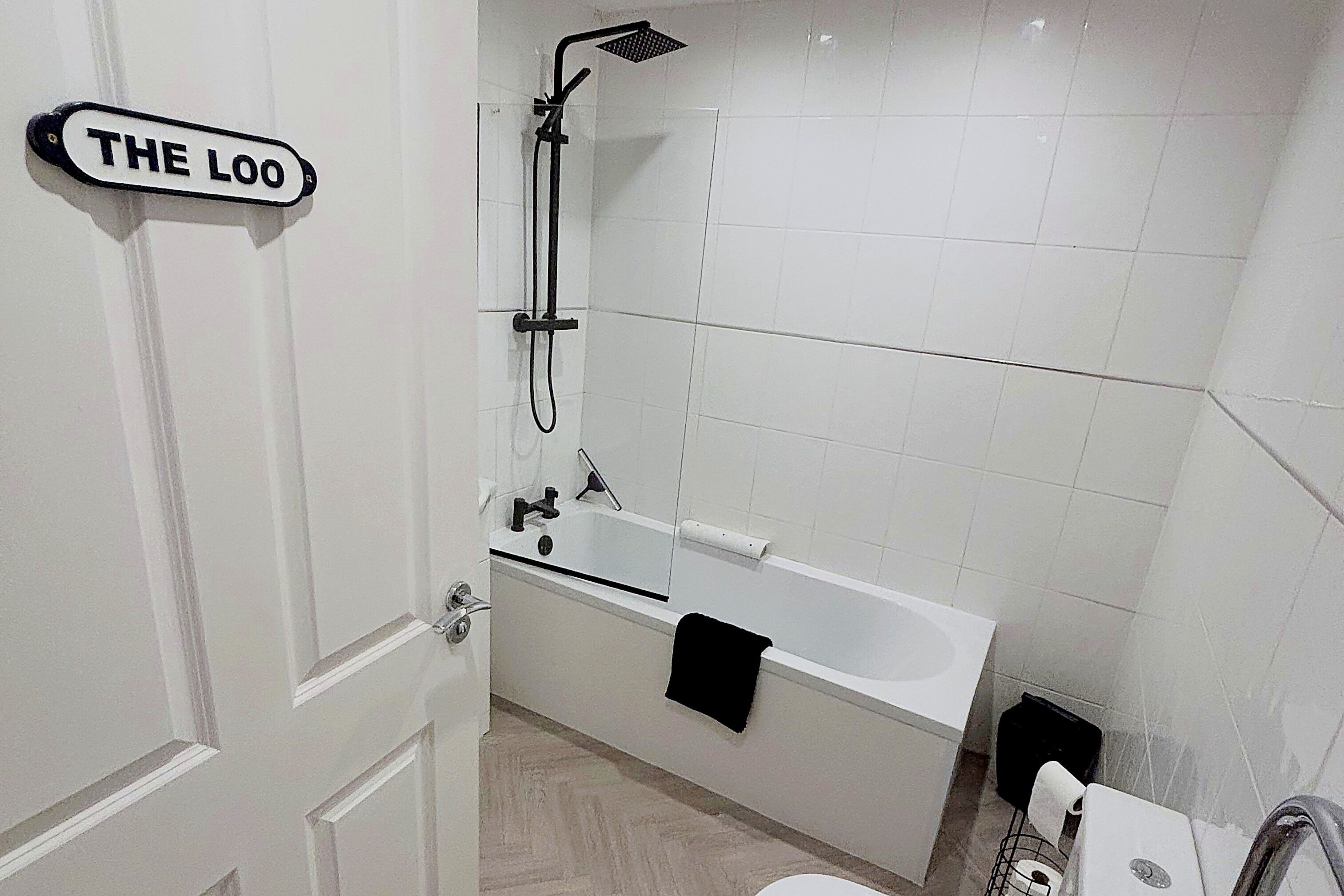 Hair dryer, towels, soap, shampoo