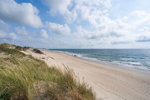 A beach with sand dunes and ocean waves.