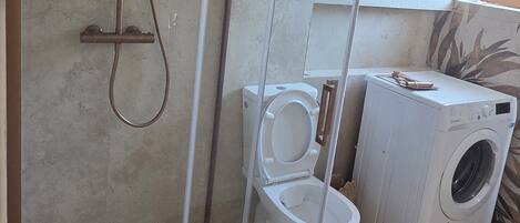 Shower, towels, toilet paper