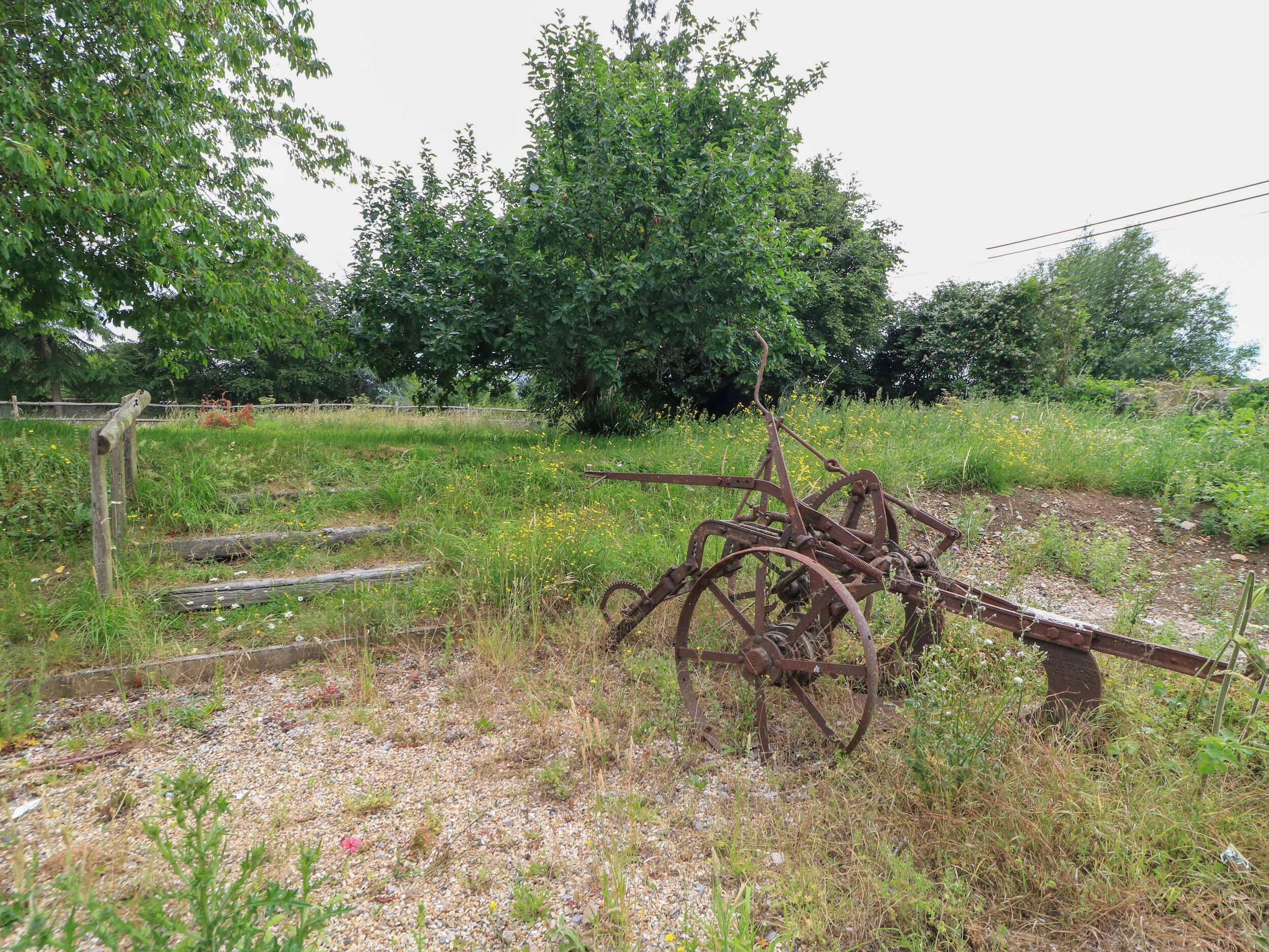 An old, rusted piece of machinery in a grassy field with trees in the background.