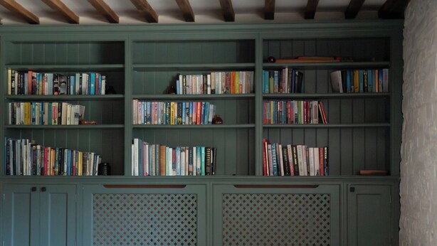 Een kamer met een groene boekenkast vol boeken.