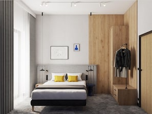 Um quarto moderno com cama, mesas de cabeceira, guarda-roupa e um quadro na parede.