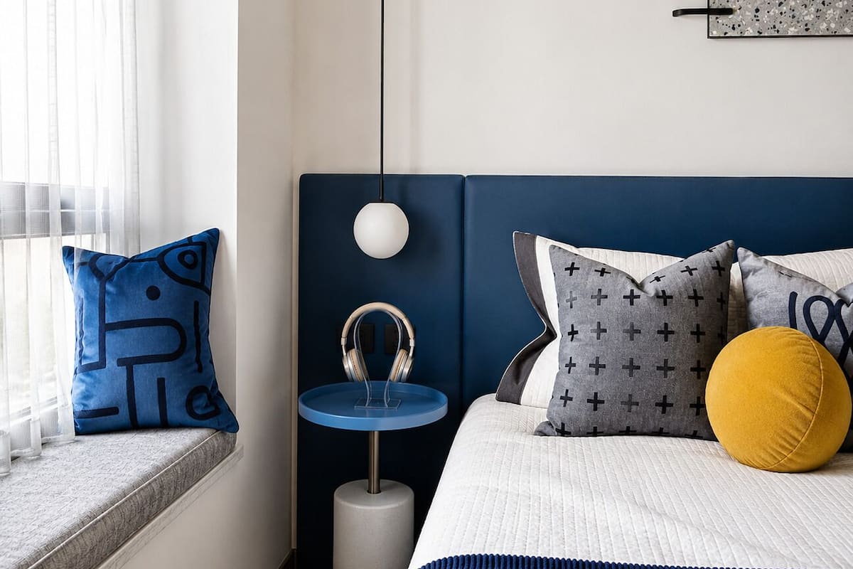 Un dormitorio con cama, almohadas, una mesita de noche y una ventana.