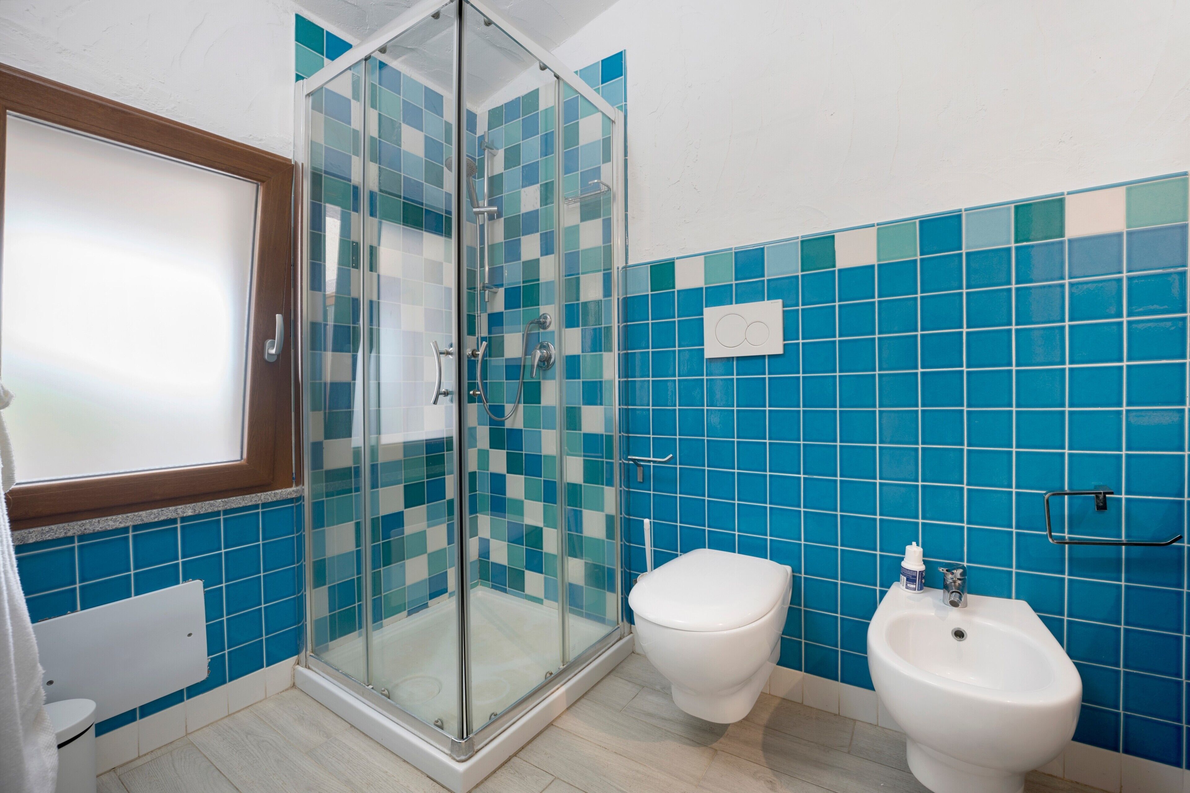 Un bagno con box doccia in vetro, un water e un bidet.