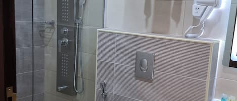 A modern bathroom with a glass-enclosed shower, a toilet, a sink, and a towel rack.