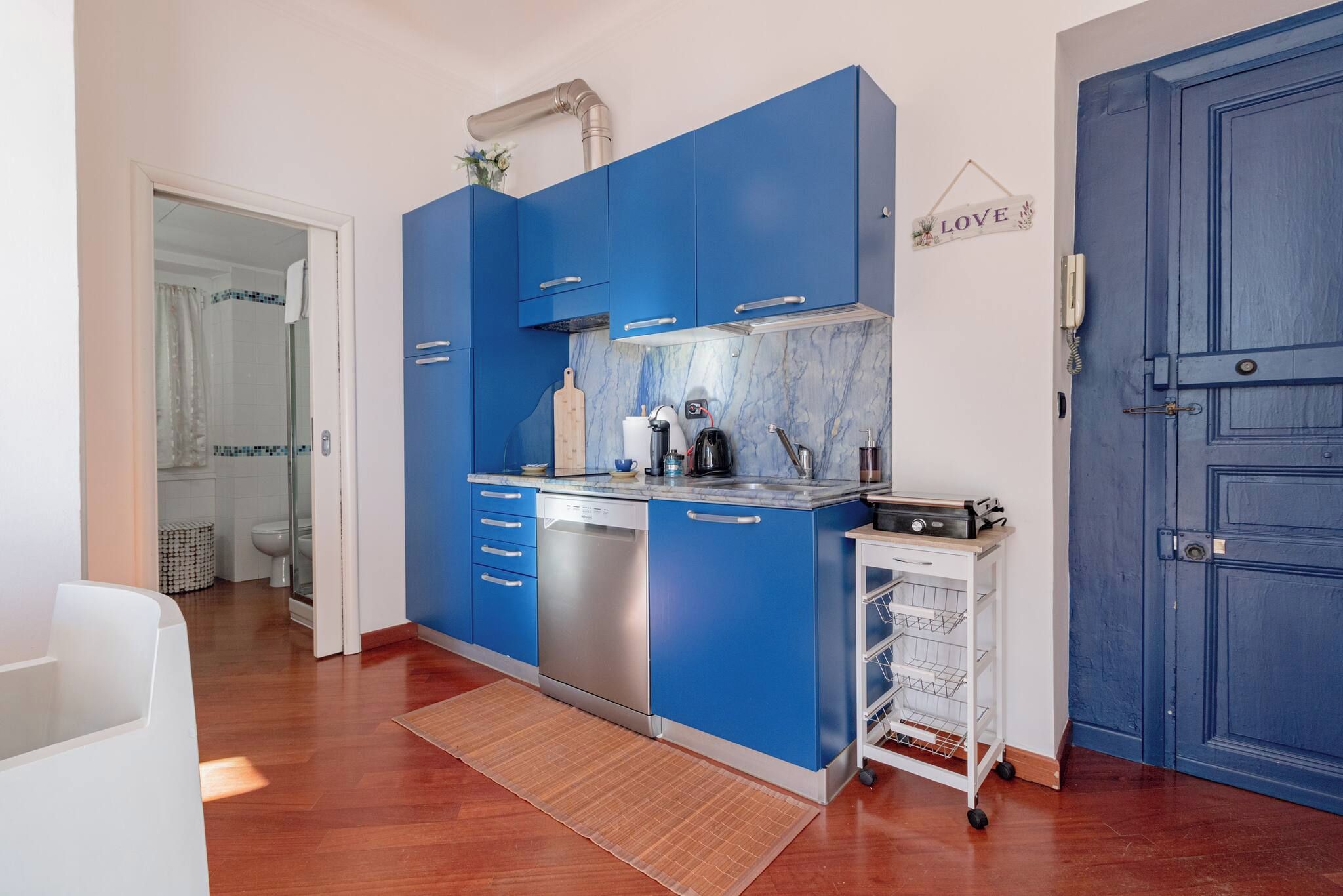 A compact kitchen with blue cabinets, a dishwasher, and a small countertop.