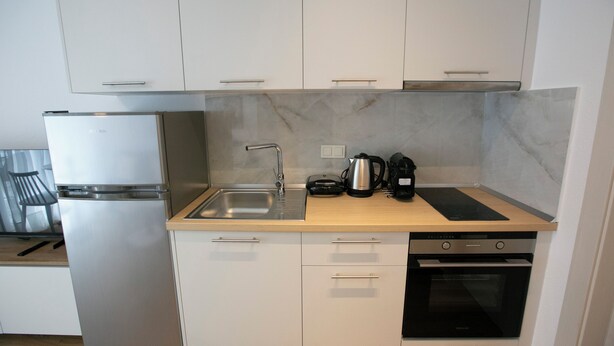A compact kitchen with a refrigerator, sink, stove, and a coffee maker. - GREEN ALMOND D1.2 FAMILY FRIENDLY (Paralia Ofriniou)