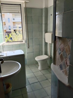 A bathroom with a toilet, sink, and window.