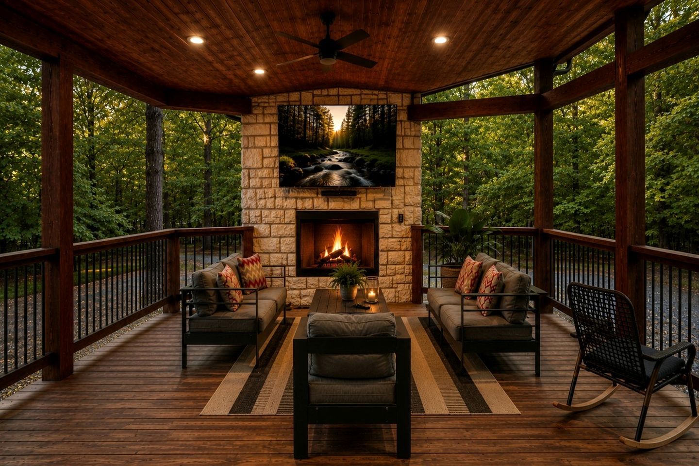 A covered outdoor seating area with a stone fireplace, wooden deck, and surrounding greenery.