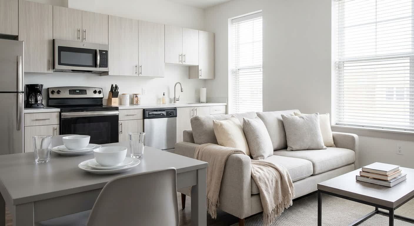 A modern kitchen with a microwave, stove, and dishwasher. There is a dining table with chairs and a sofa with cushions.