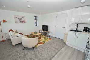 Een moderne woonkamer met een bank, fauteuil en televisie, een keuken met witte kastjes, en een vloerkleed met geometrische patronen.
