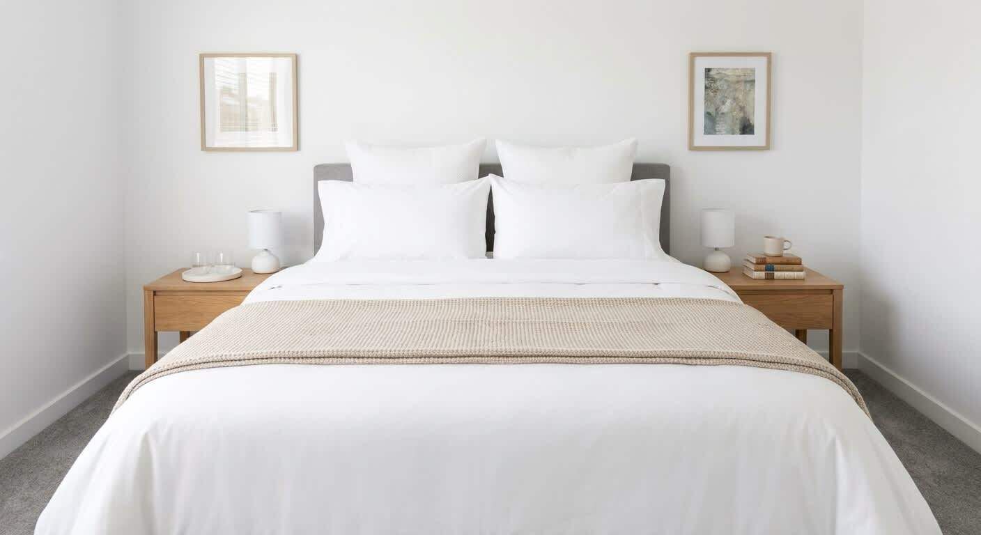 A neatly made bed with white bedding, two bedside tables with lamps, and framed artwork on the walls.