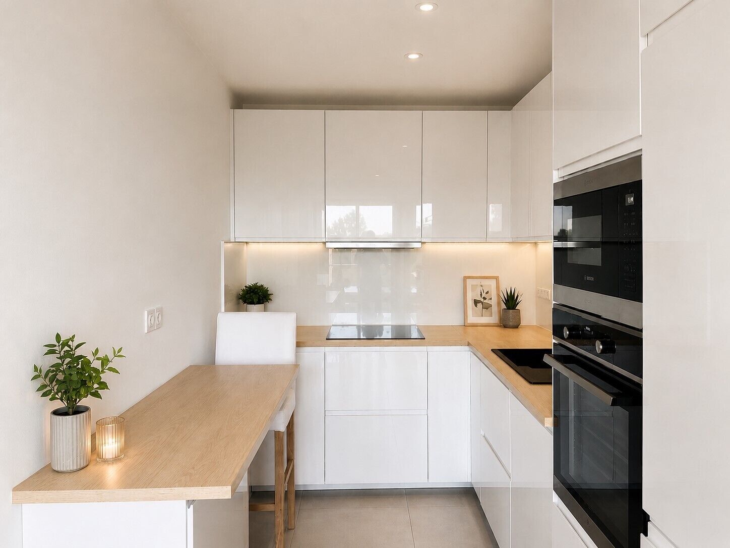 A modern kitchen with white cabinets, a wooden countertop, and a built-in oven.