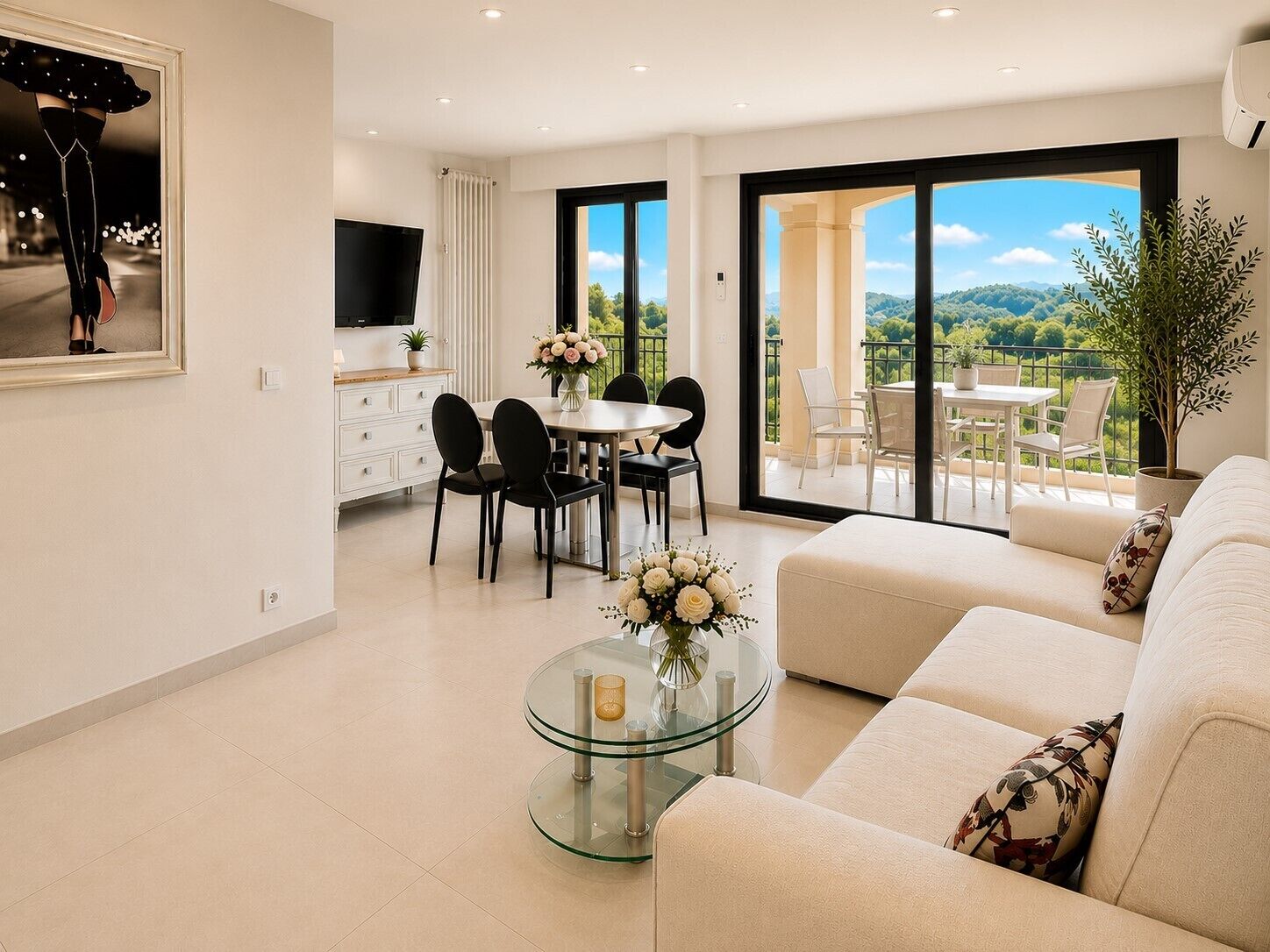 A modern living room with a glass coffee table, a sofa, and a dining area with chairs and a TV.