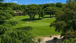Ein Golfplatz mit Bäumen, einer Fahne und blauem Himmel.