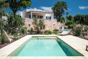 Ein modernes Haus mit Steinaußenwand, einem Schwimmbad und einem Garten mit verschiedenen Pflanzen und einer Bank.