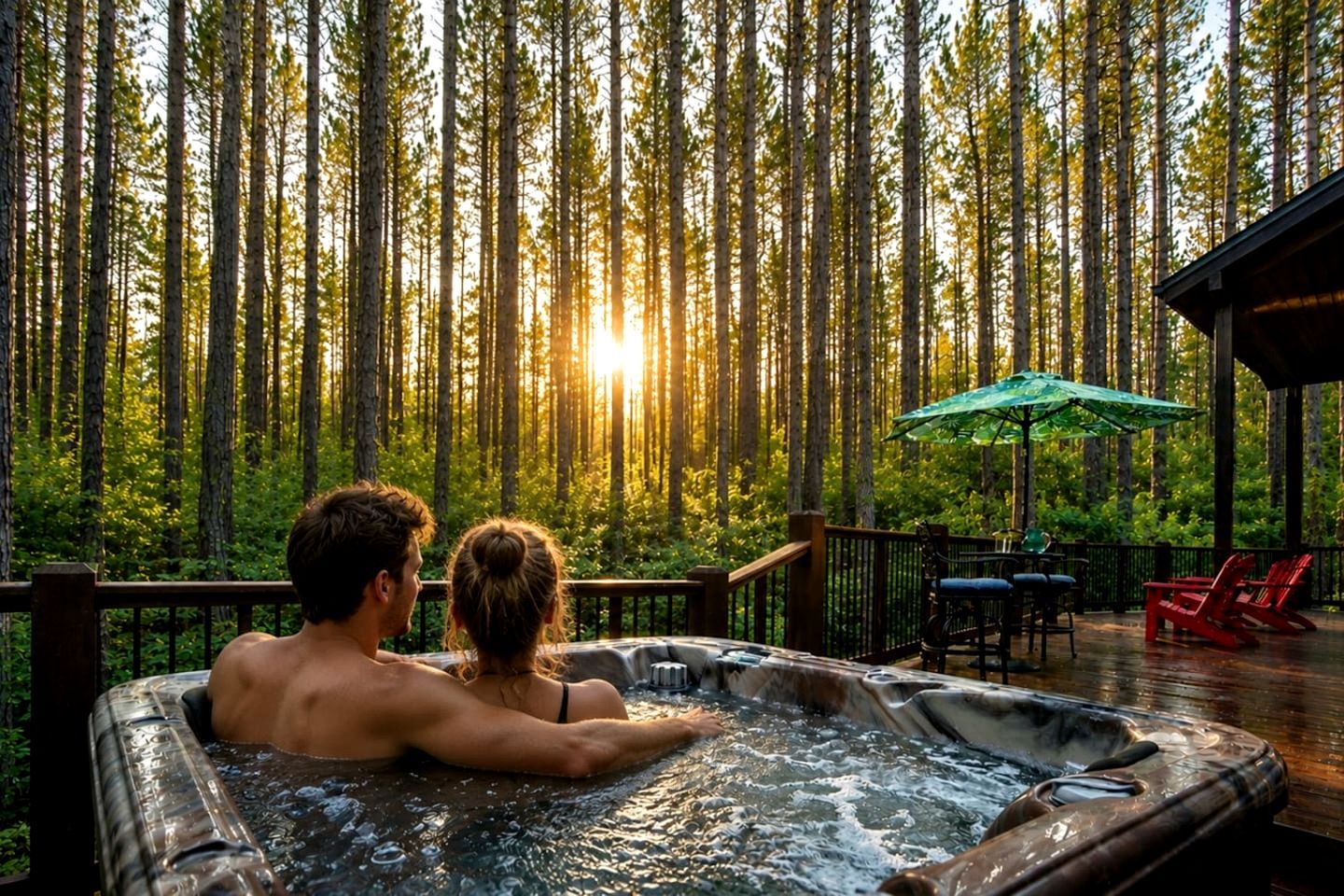 Ein Whirlpool mit zwei Personen, umgeben von einer Terrasse mit Stühlen und einem Sonnenschirm, mit Blick auf einen Wald.