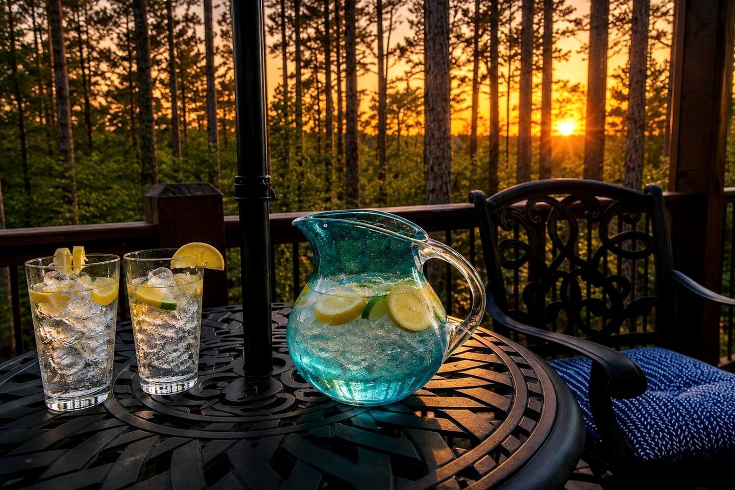 A table with two glasses and a pitcher, set outdoors with a forest background.