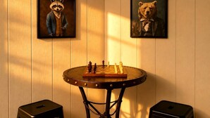 A room with a round table featuring a chessboard, two framed animal portraits on the wall, and two stools. - Luxury Trailside Cabin with Hot Tub near Glover River in Broken Bow, Oklahoma (Broken Bow)