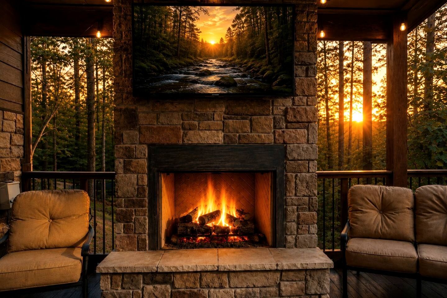 A stone fireplace with a fire, a mounted television above it, and two leather chairs.