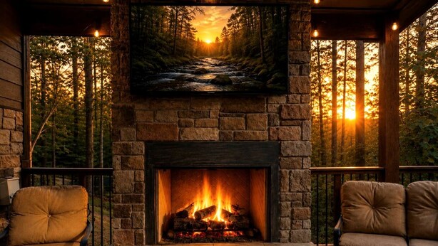 A stone fireplace with a fire, a mounted television above it, and two leather chairs. - Luxury Trailside Cabin with Hot Tub near Glover River in Broken Bow, Oklahoma (Broken Bow)