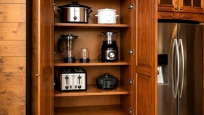 A kitchen with a stainless steel refrigerator, a slow cooker, a coffee maker, a blender, and a toaster. - Luxury Trailside Cabin with Hot Tub near Glover River in Broken Bow, Oklahoma (Broken Bow)