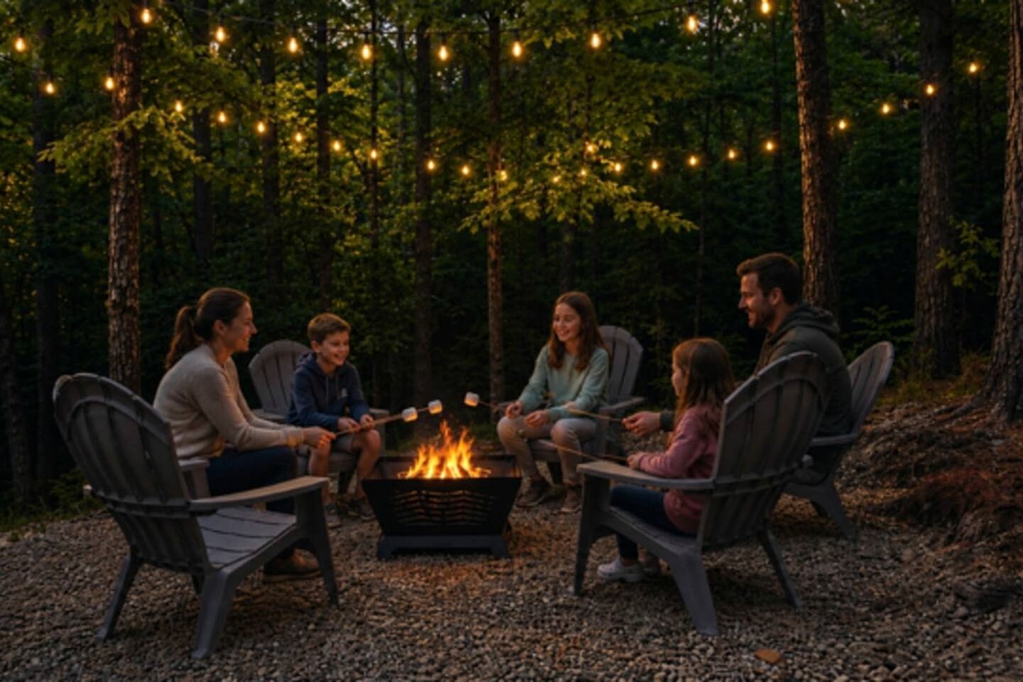 A group of people around a campfire in a forest setting with string lights overhead.