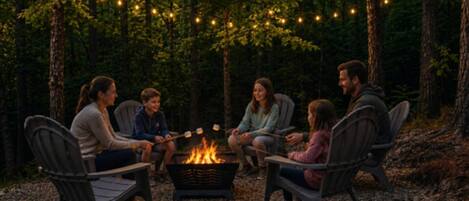 A group of people around a campfire in a forest setting with string lights overhead.