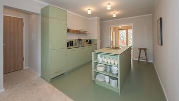 A kitchen with green cabinets, a countertop with dishes, and a wooden door.