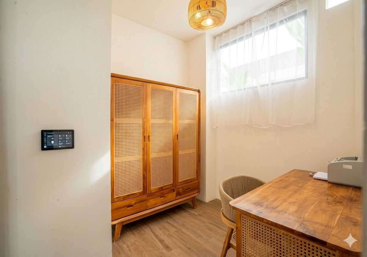 Ein Zimmer mit einem Holzschrank, einem Schreibtisch mit Drucker und einem Stuhl.