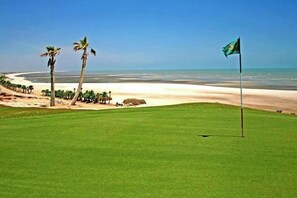 Un campo de golf con una bandera, palmeras y una playa al fondo.