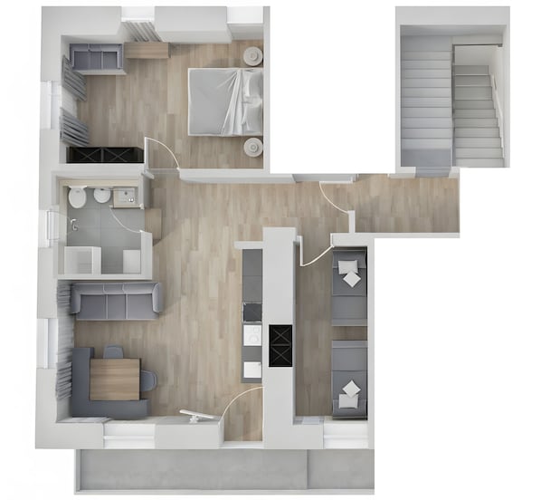 Uma disposição moderna de apartamento com cozinha, sala de jantar, sala de estar e escada.