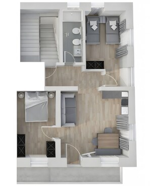 Distribución moderna de un apartamento con sala de estar, cocina, dos dormitorios y un baño.