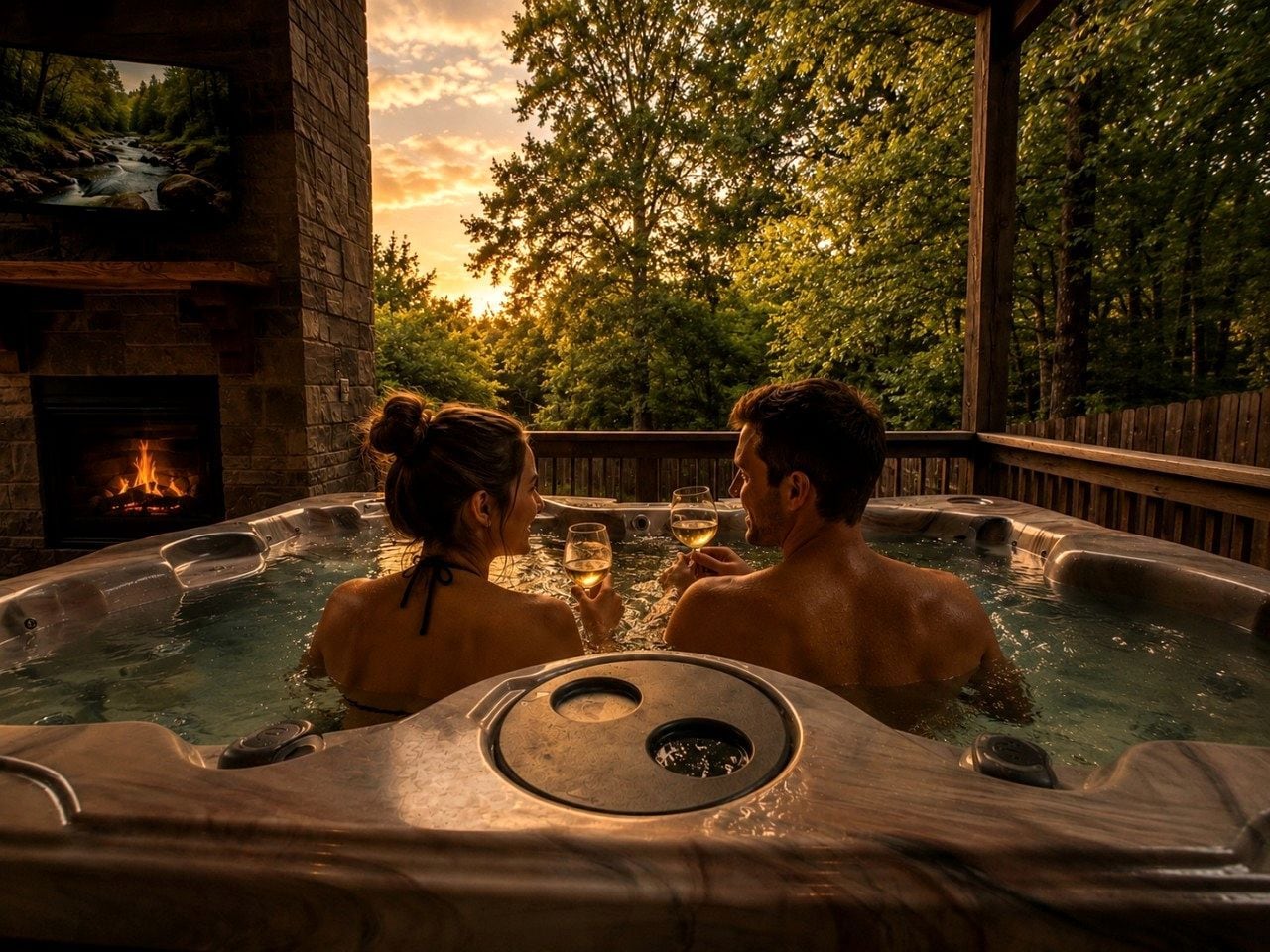 Un bain à remous avec une cheminée en pierre, entouré d’une terrasse en bois et d’arbres.