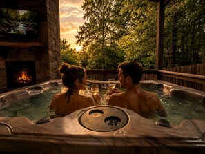 A hot tub with a stone fireplace, surrounded by a wooden deck and trees. - Cozy Cabin with Hot Tub & Fire Pit Easy Access to Nearby Lakes and Trails in Broken Bow, Oklahoma (Broken Bow)