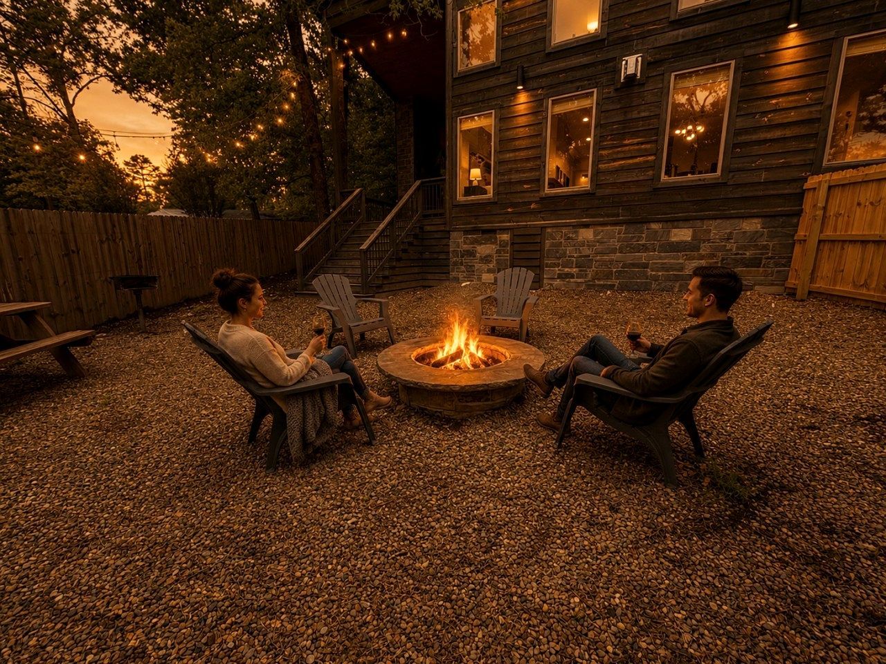 An outdoor seating area with a fire pit, wooden deck, and stone walls.