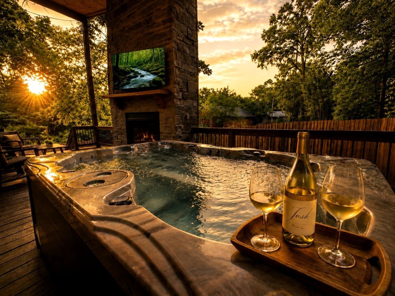 A hot tub with a wooden deck, a television mounted on a stone wall, and a bottle of wine on a tray.