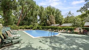 Ein rechteckiger Pool, umgeben von grünen Liegestühlen und einer gepflasterten Liegefläche.
